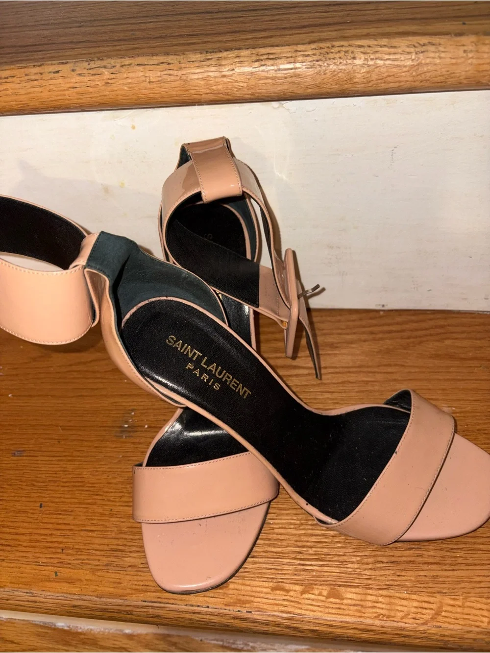 Saint Laurent Blush Patent Leather Ankle Strap Heels - Picture 3 of 5